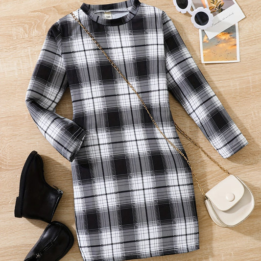 Girl's Plaid Bodycon Dress for Party - Long Sleeve