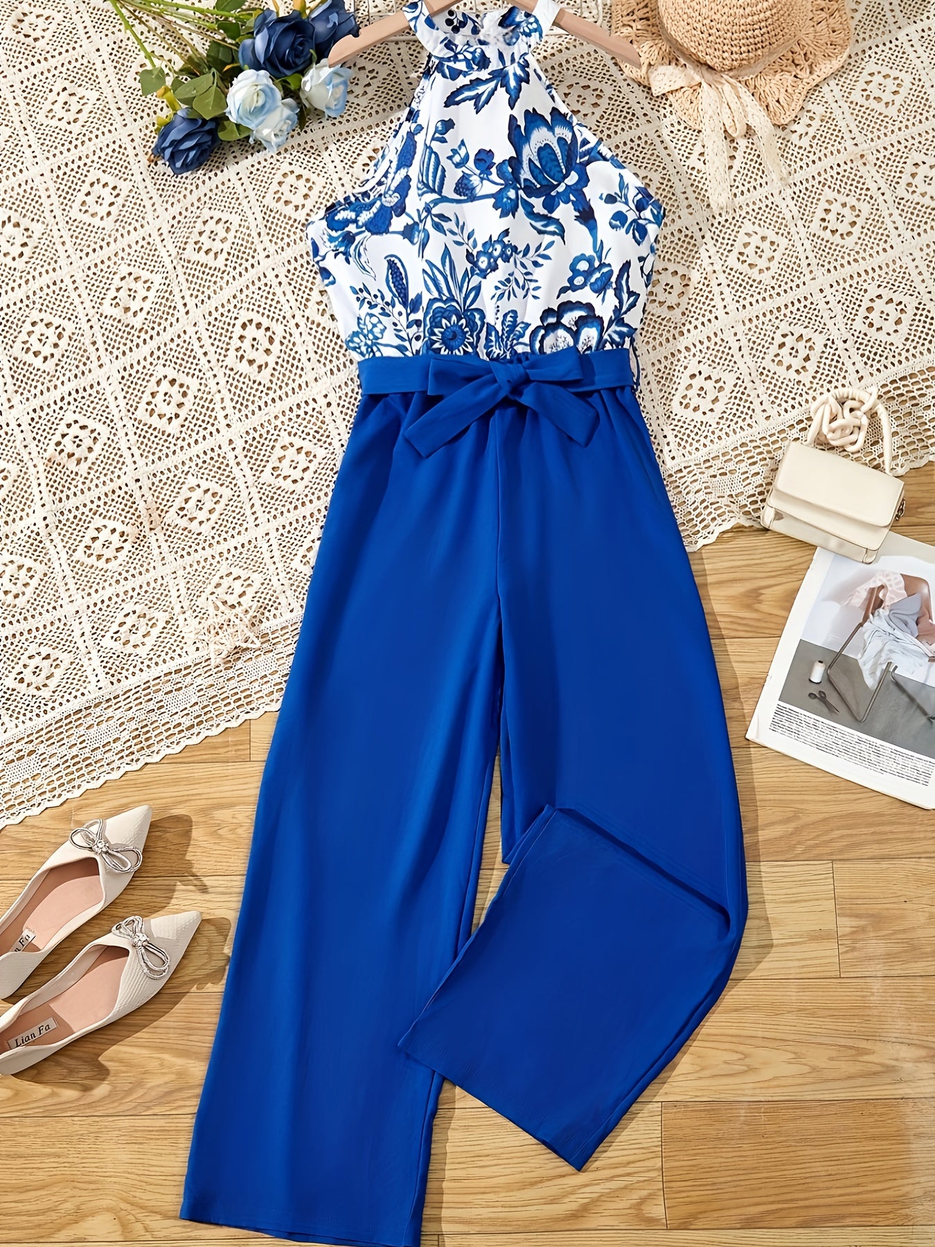 Girls' Floral Halter Neck Jumpsuit for Summer Outfit
