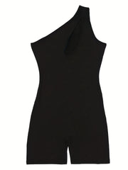 Slanted Shoulder Romper Solid Slim Romper Women's Clothing
