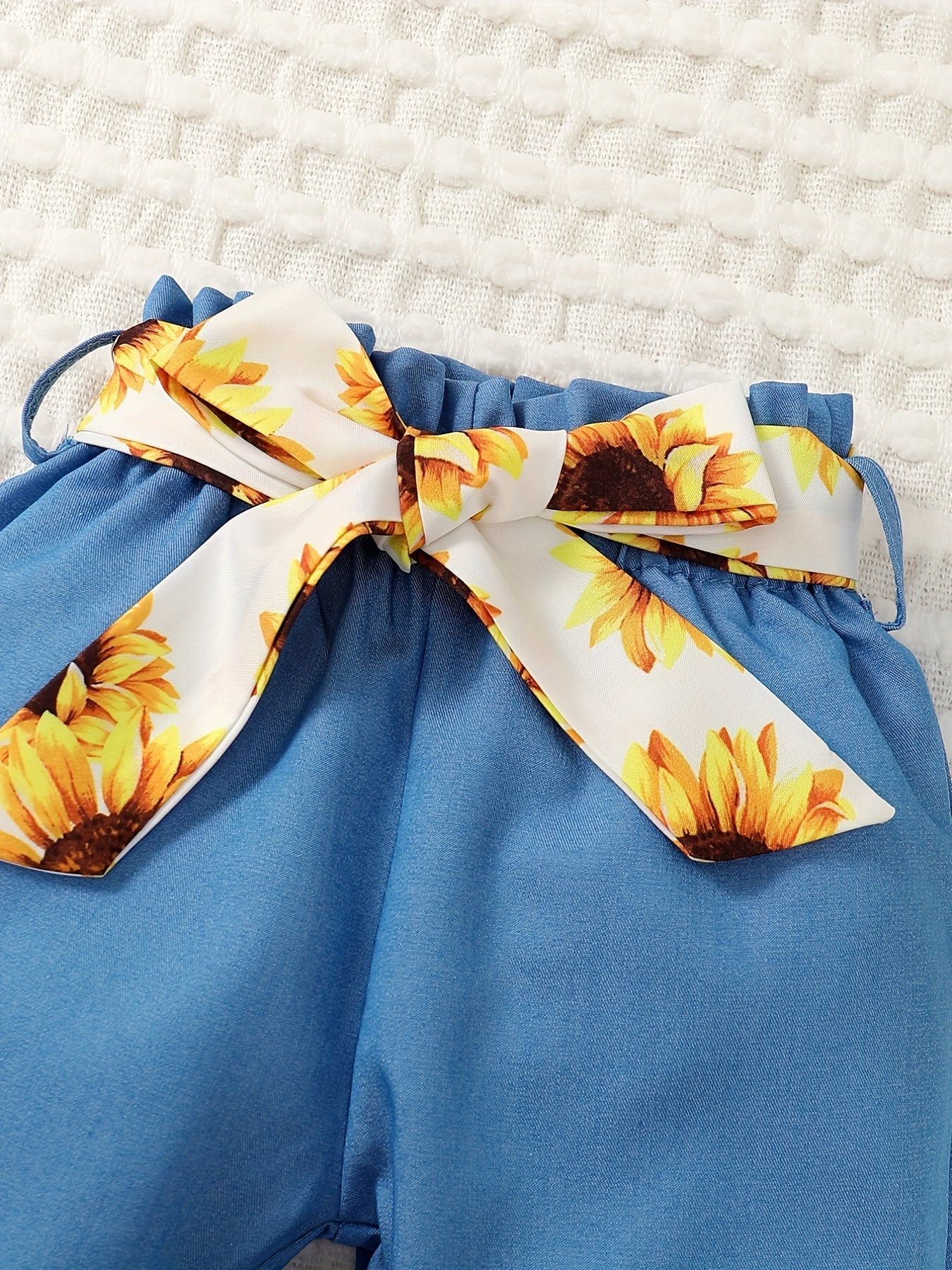 Baby Girls Sunflower Print Outfit Long Sleeve Crop Top Faux Denim Pants Set