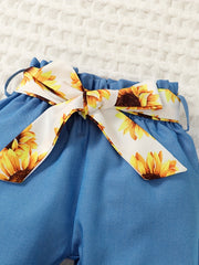 Baby Girls Sunflower Print Outfit Long Sleeve Crop Top Faux Denim Pants Set