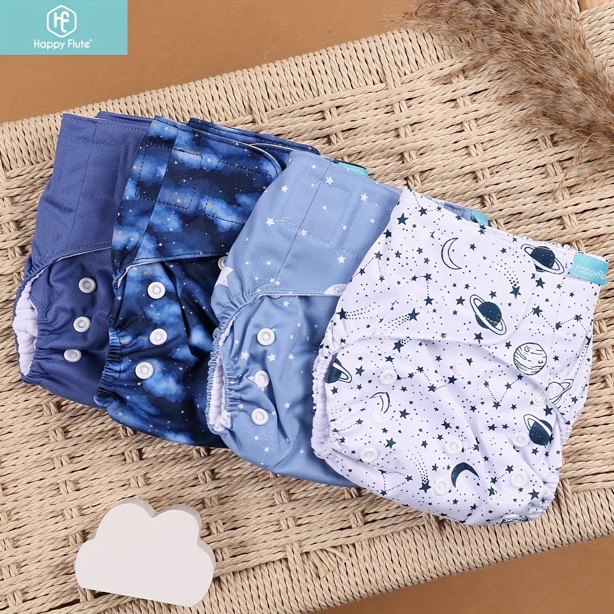 4 Piece Happyflute Reusable Cloth Diapers Eco Friendly Washable Adjustable Fit