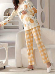 Lemon Print Pajamas Set Short Sleeve Crew Neck Top & Plaid Pants
