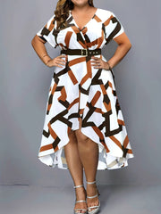 Women's Plus Geometric Print V Neck Wrap Dress With Belt