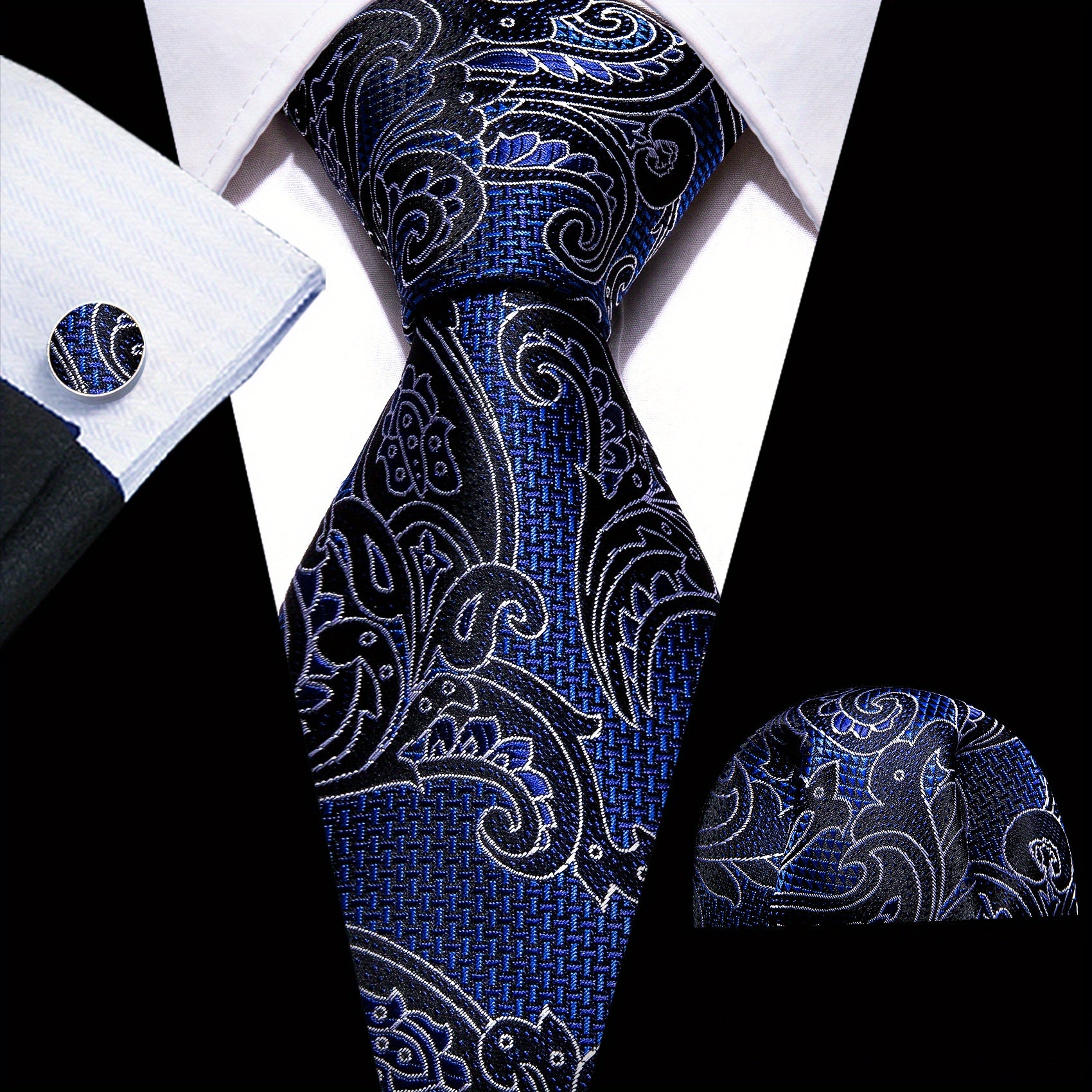 Barry Wang Men Ties Woven Silk Pocket Square Cufflinks Necktie Set
