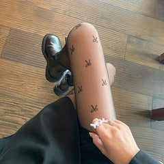 Bow Pattern Tights High Waist Semi Sheer Footed Pantyhose