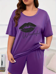 Women's Kiss & Letter Print Tee & Shorts Pajama Set