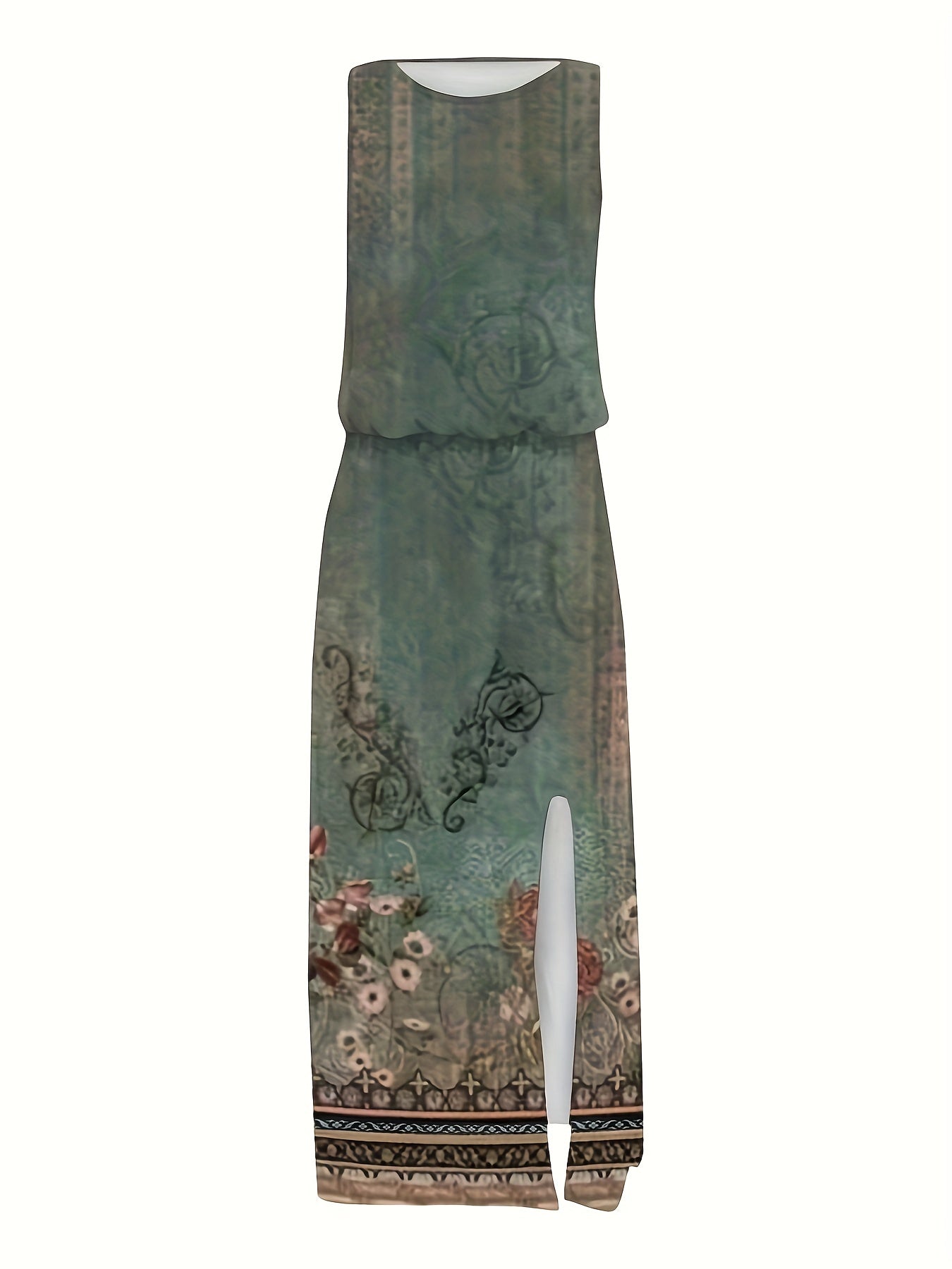 Floral Print Split Dress Vintage Cinched Waist Crew Neck Sleeveless Dress