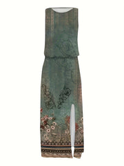 Floral Print Split Dress Vintage Cinched Waist Crew Neck Sleeveless Dress