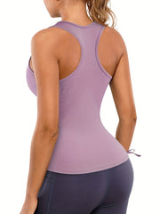 Pleated Drawstring Side Tank Top Sleeveless Racer Back Yoga Sports Top