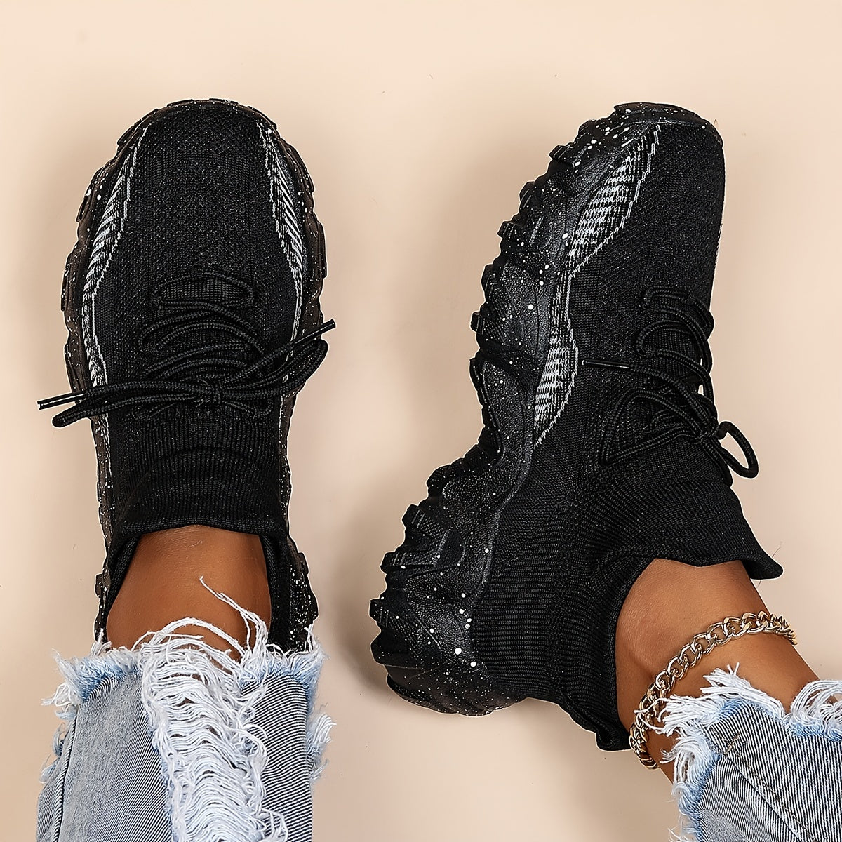 Women's Anti-slip Knit Sneakers Low Top Lace Up Casual Shoes