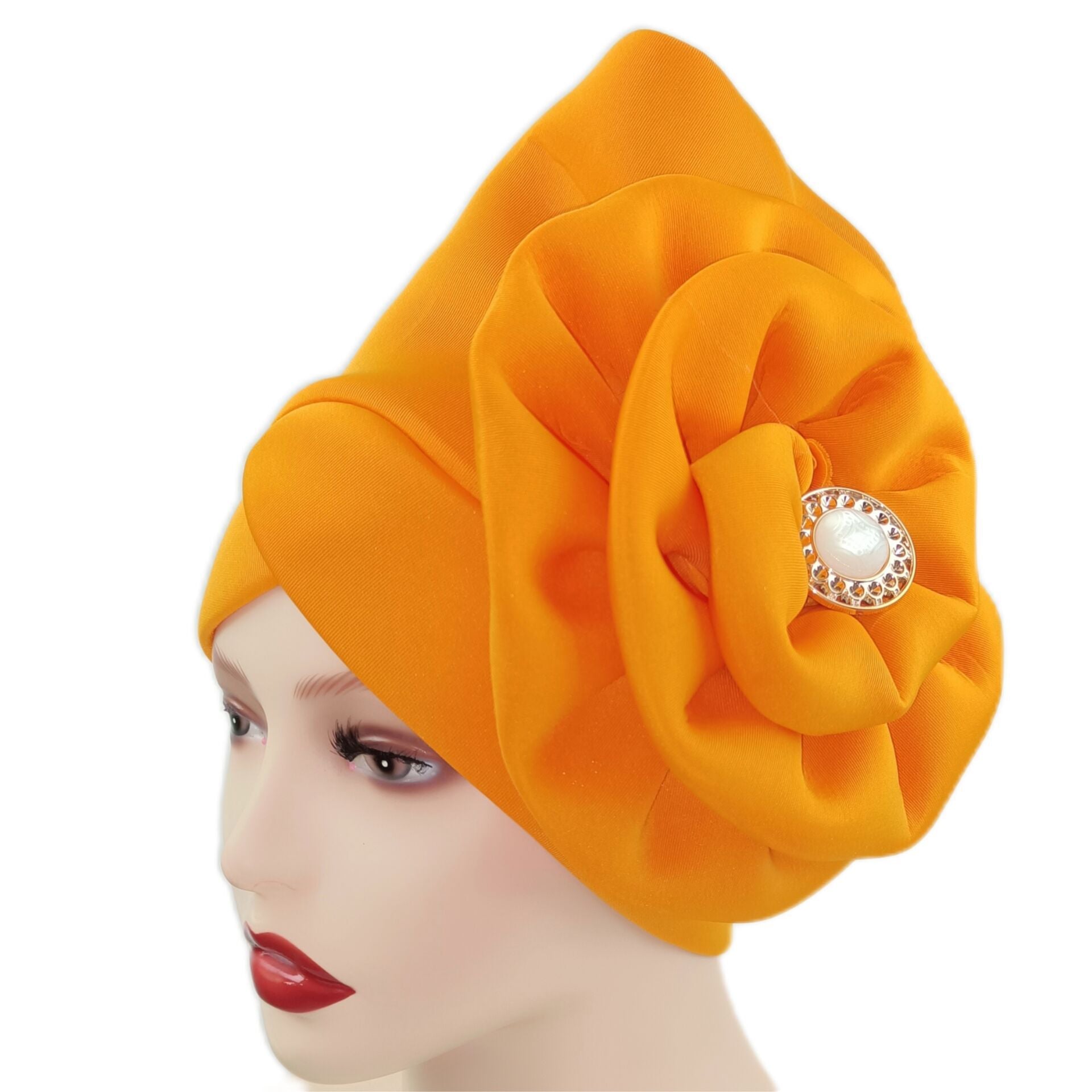 Faux Jade Alloy Turban Cap Flower Layer Wrinkled Hijab Hair Accessories