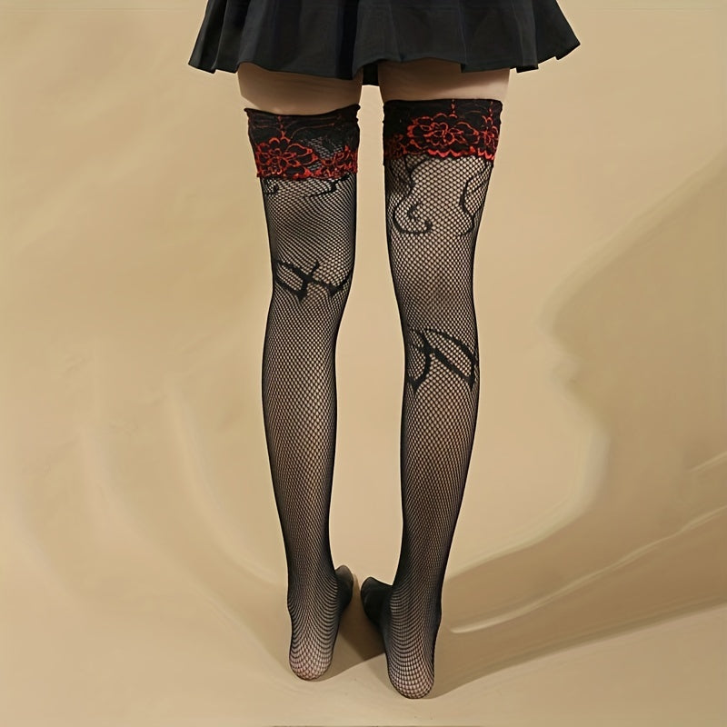 Flame Print Fishnet Thigh High Stockings Lace Trim Over The Knee Socks
