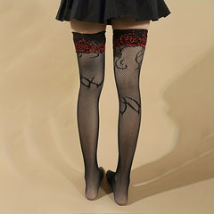 Flame Print Fishnet Thigh High Stockings Lace Trim Over The Knee Socks