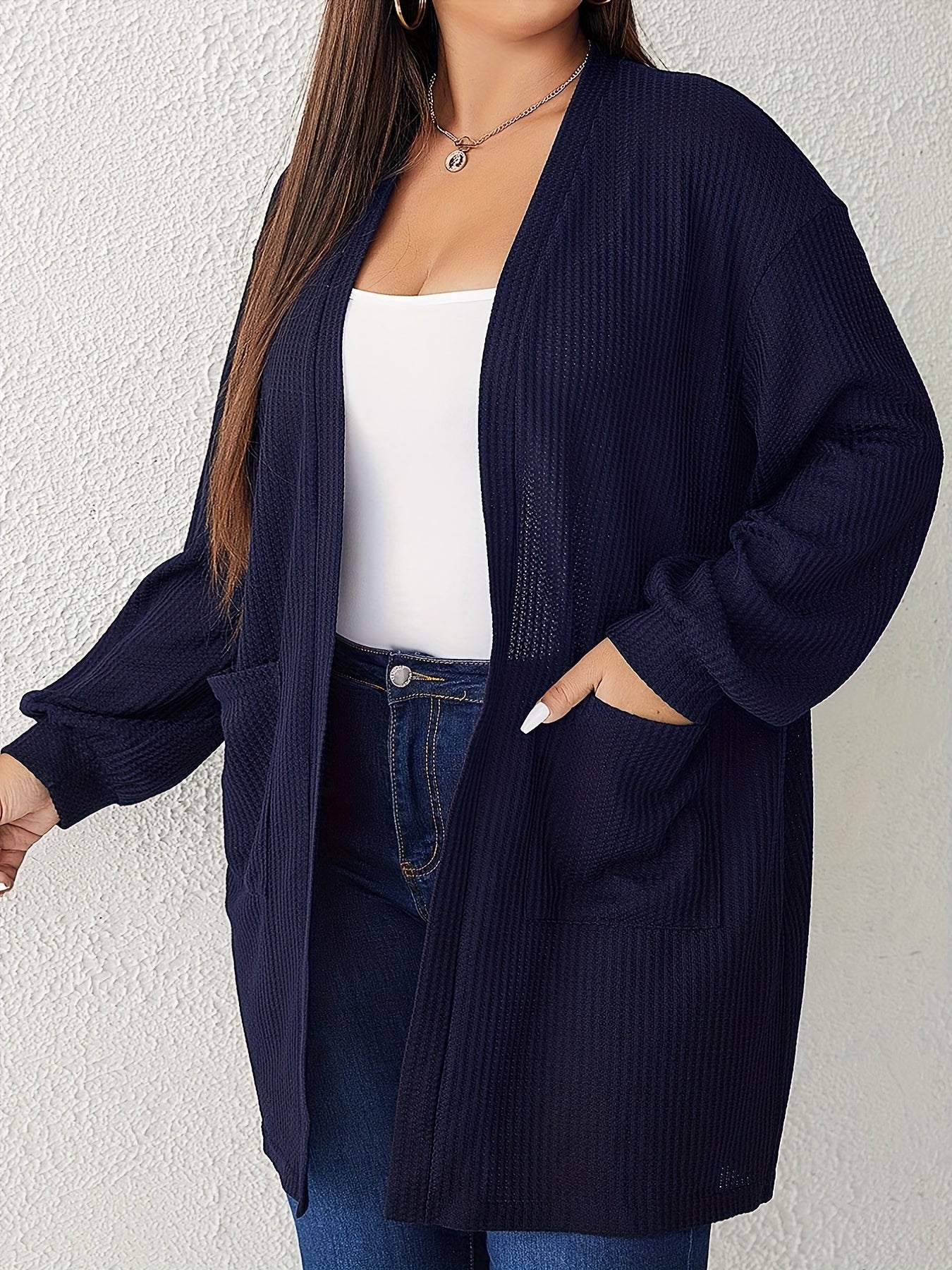 Solid Waffle Pattern Long Sleeve Open Front Cardigan
