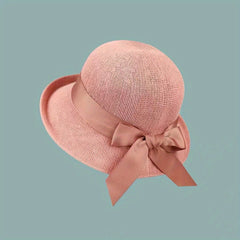 Short Brim Bucket Hat Ribbon Bowknot Sun Hat Solid Adjustable Travel Beach