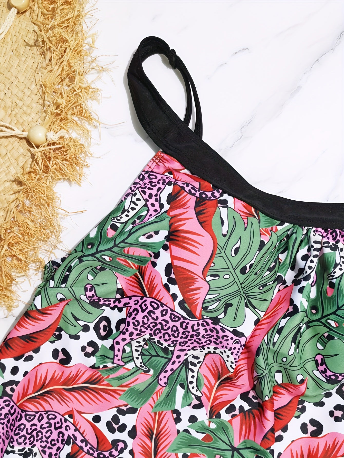 Vacay Tankini Set Leopard & Tropical Print Cami Top & Shorts Swimsuit