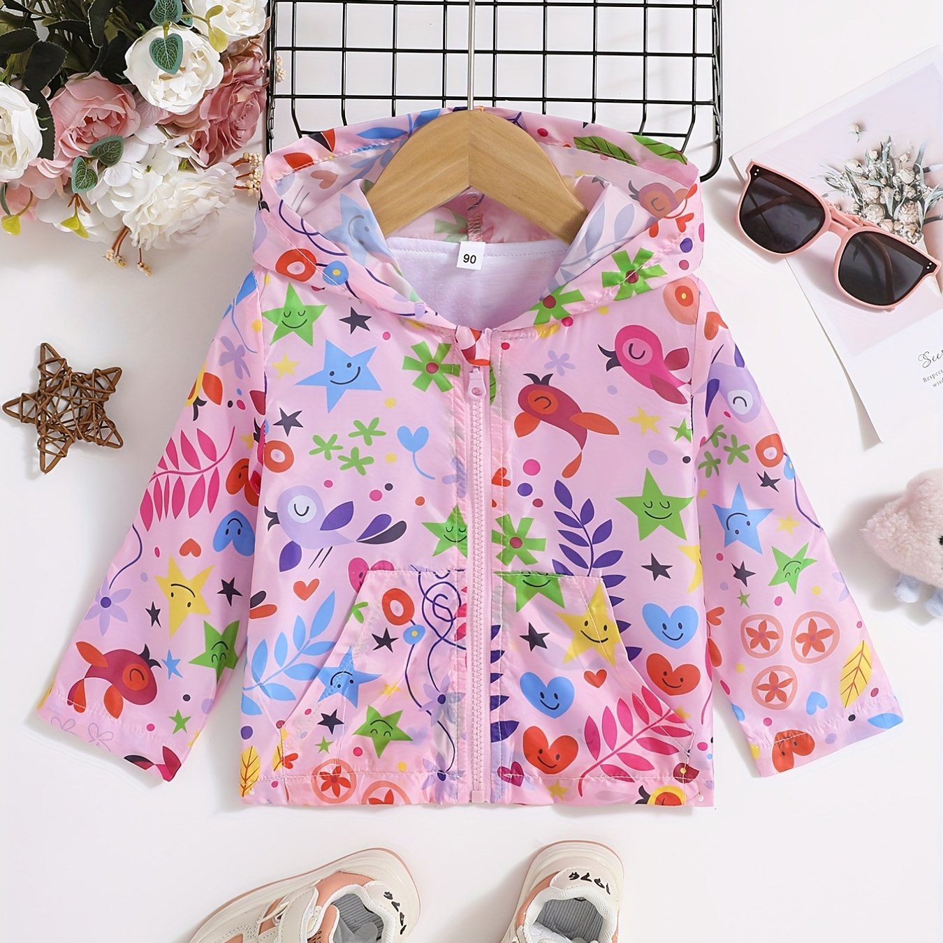 Girls' Floral Animal Print Zip Hooded Windbreaker Jacket Spring Fall
