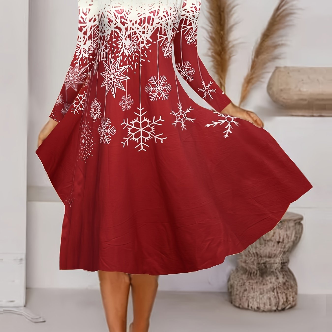 Snowflake Print Long Sleeve V Neck Knee Length Dress