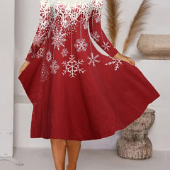 Snowflake Print Long Sleeve V Neck Knee Length Dress