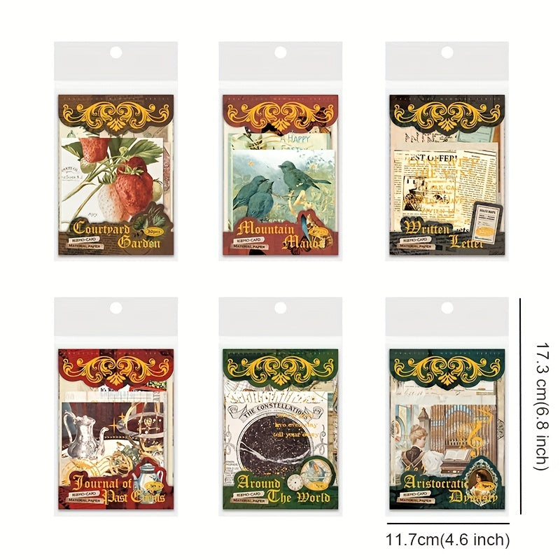 30 Vintage Patterned Art Supplies for Scrapbooking DIY, Washi Stickers