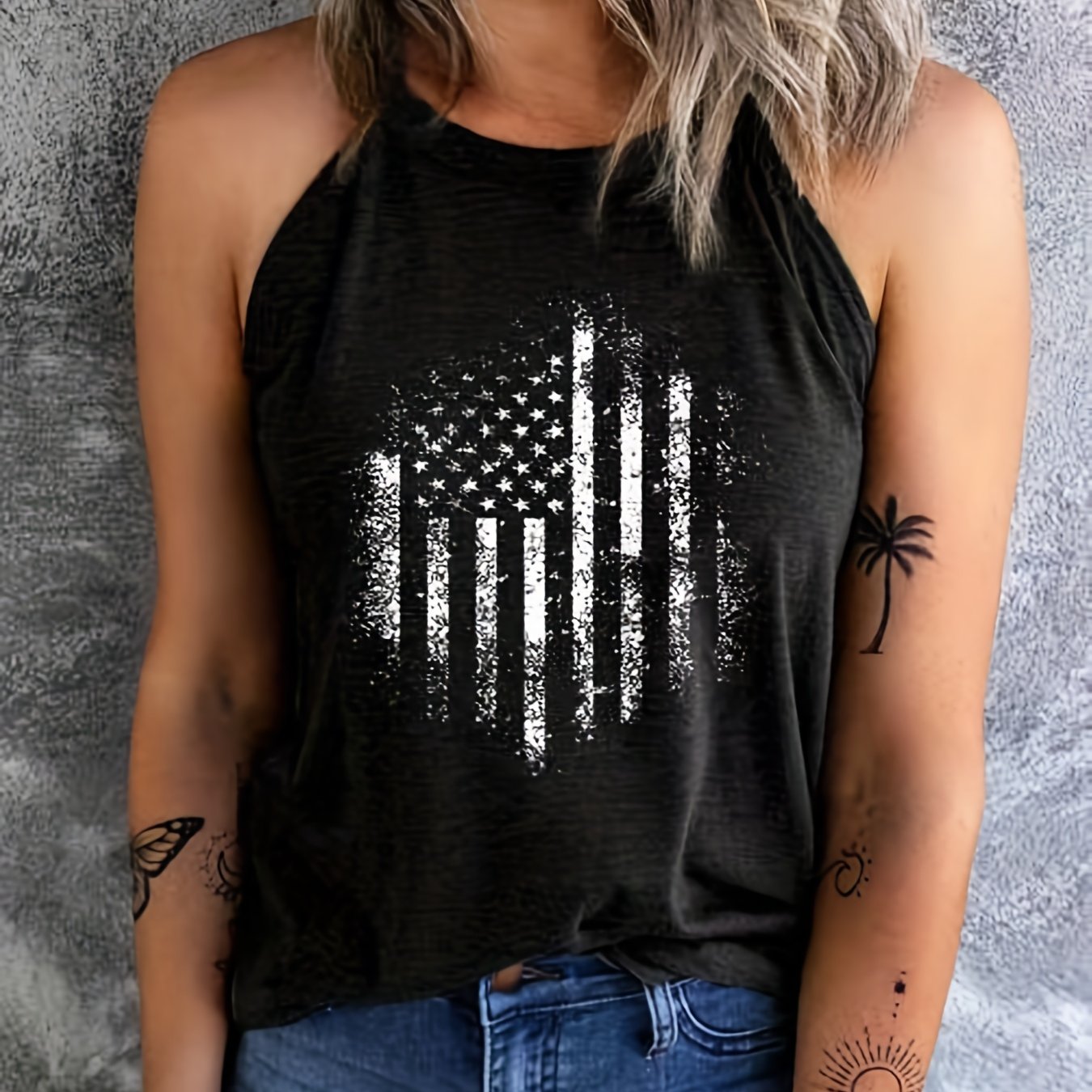 American Flags Print Sleeveless Top Summer Independence Day