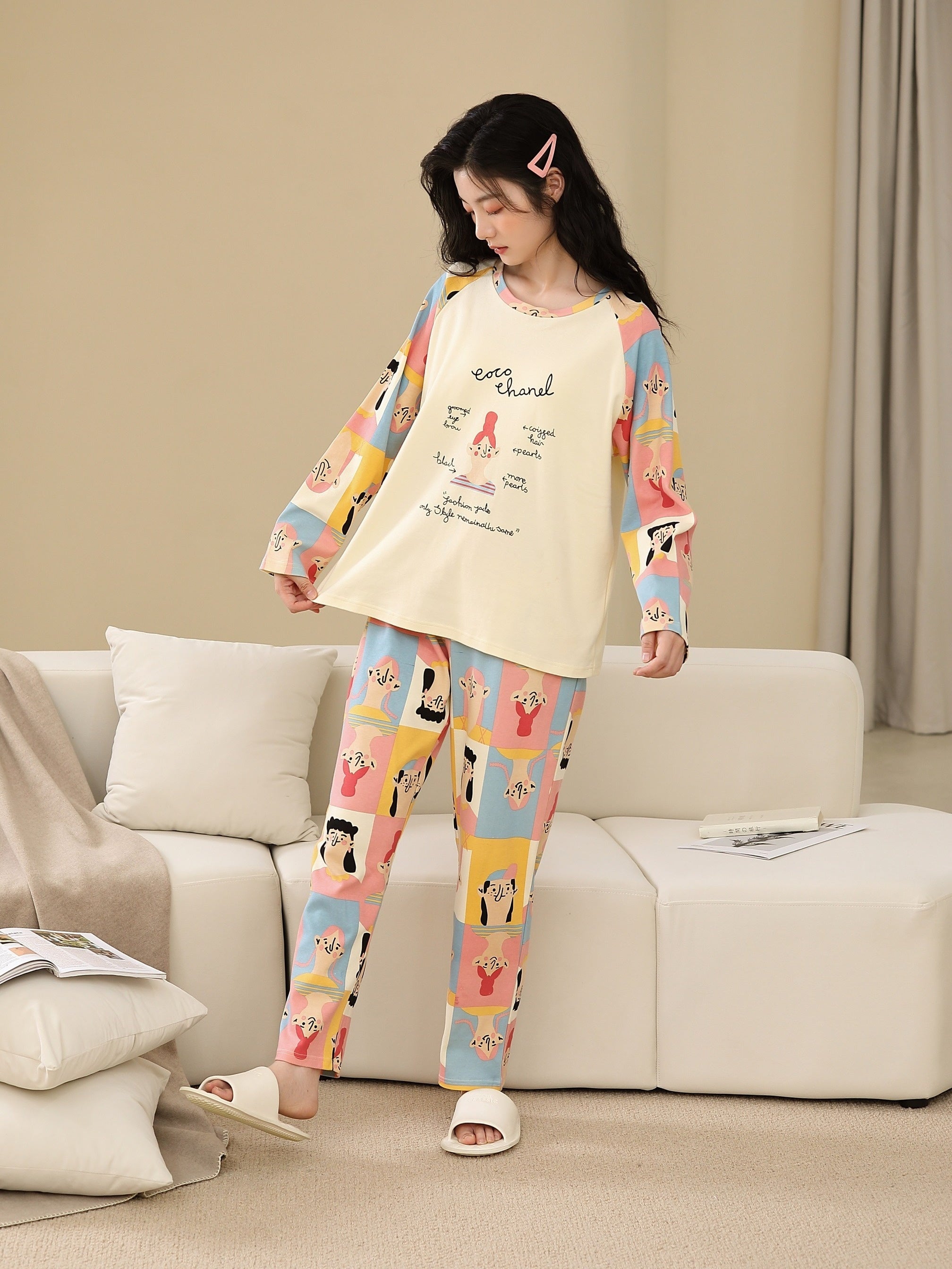 Cartoon Print Pajama Set Long Sleeve Crew Neck Top & Elastic Waistband Pants