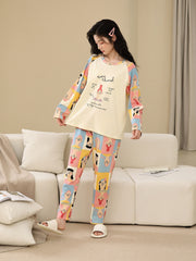 Cartoon Print Pajama Set Long Sleeve Crew Neck Top & Elastic Waistband Pants