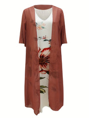 Floral Print Tank Dress & Open Front Coat Set