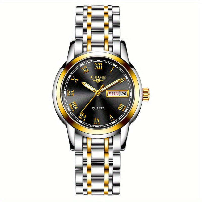LIGE Golden Watch Ladies Steel Bracelet Waterproof Clock
