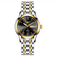 LIGE Golden Watch Ladies Steel Bracelet Waterproof Clock