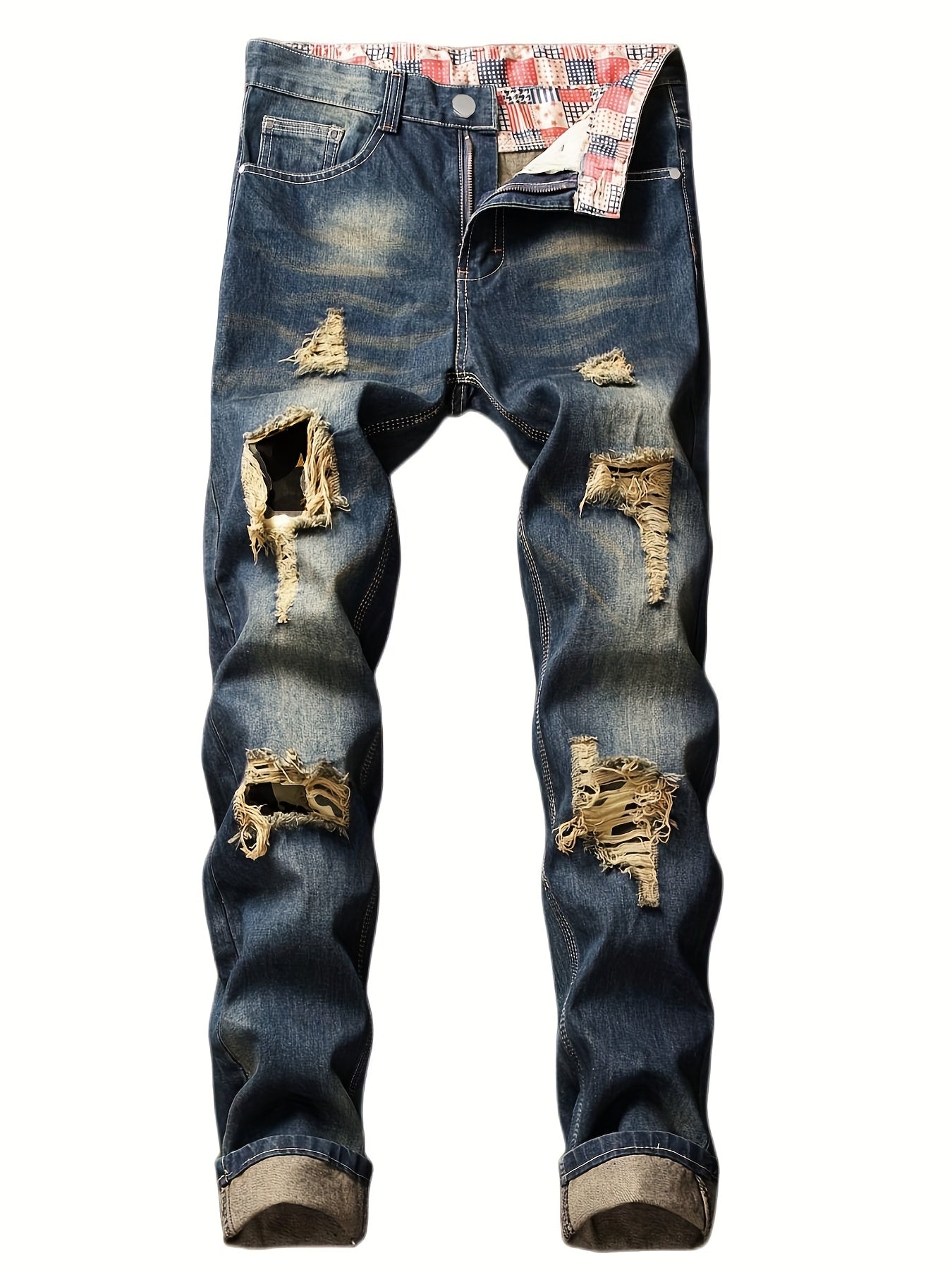Slim Fit Ripped Jeans Men's Distressed Denim Pants