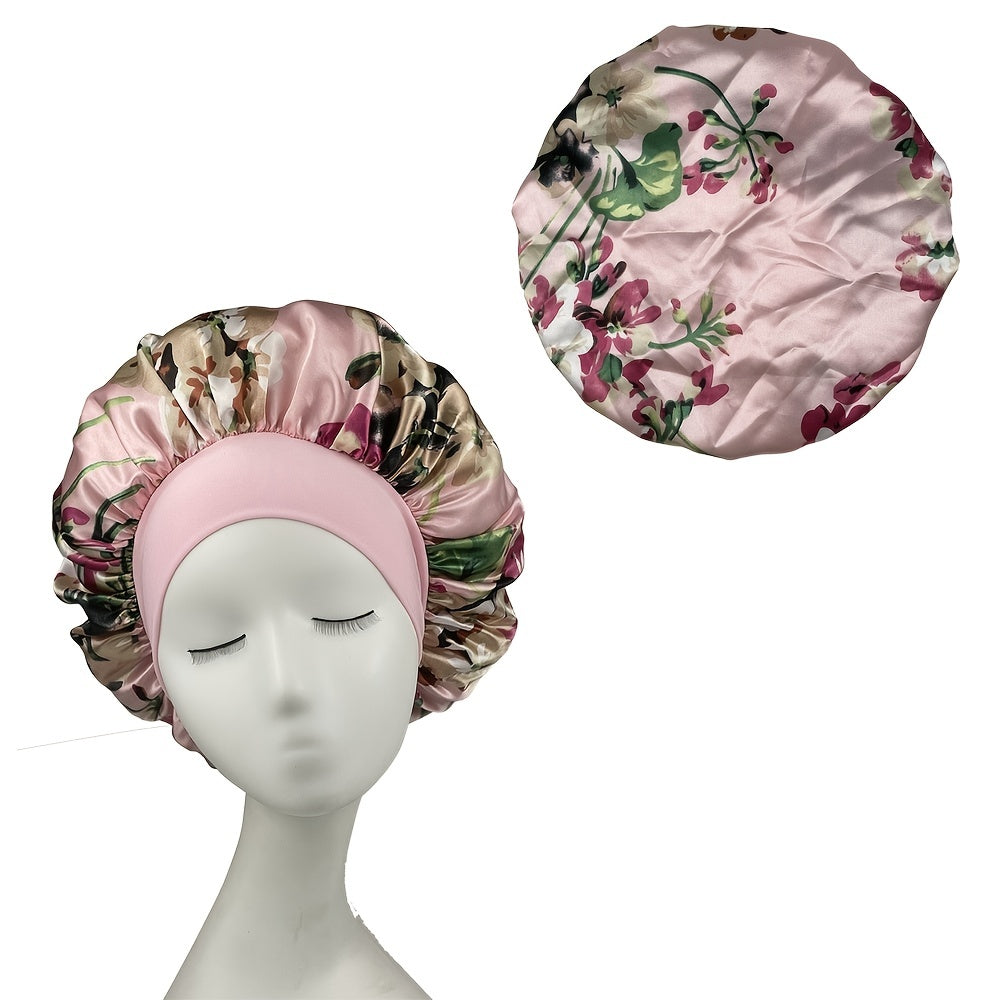 Flower Print Wide Brim Bonnet Satin Cap For Women