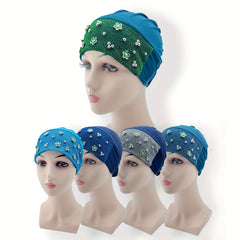 Flower Decor Glitter Turban Block Head Wraps Beanie Ramadan Hijab Hat