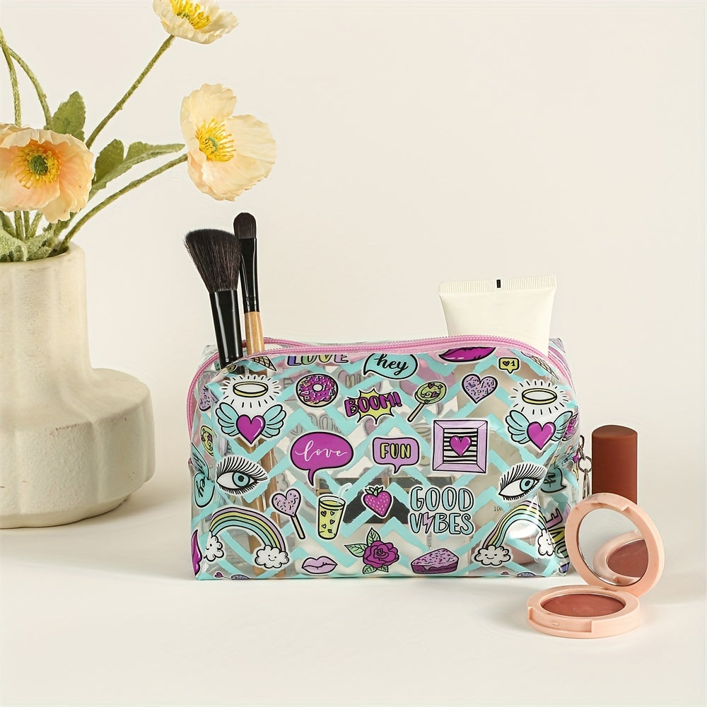 Rainbow Heart Pattern Makeup Bag PVC Waterproof Zipper Pouch