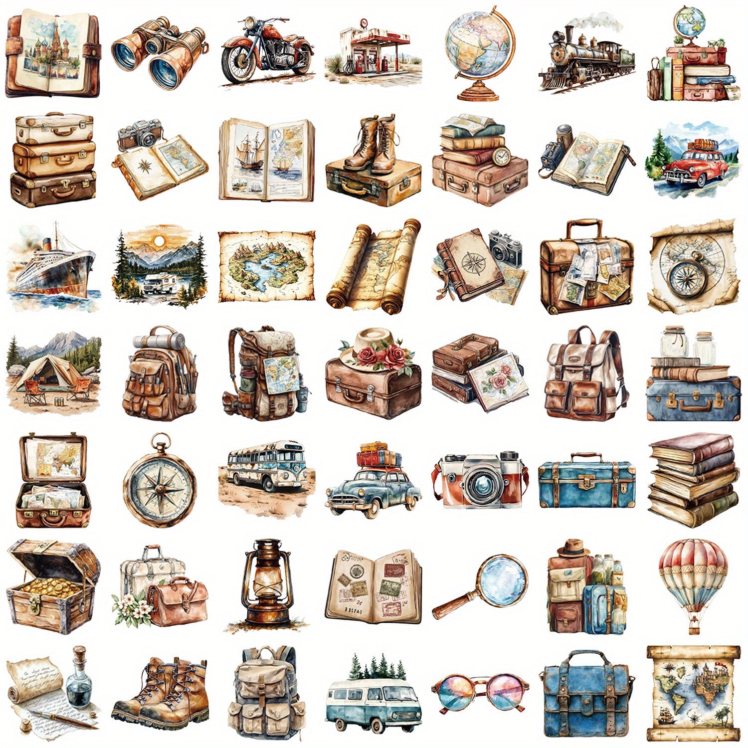 50pcs Vintage Travel Stickers Retro Adventure Designs Self Adhesive Decals
