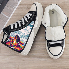 Plush Lined Thermal Wolf Print Canvas Sneakers