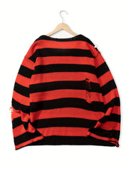 Knitted Ripped Striped Sweater Men's Warm Pullover for Fall Winter