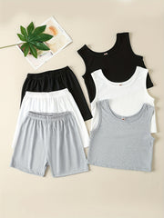 3 Sets Girls Ribbed Knit Tank Top & Shorts Summer Clothes