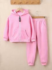Girls 2pcs Fleece Hooded Sweatshirt Cardigan Sweatpants Set