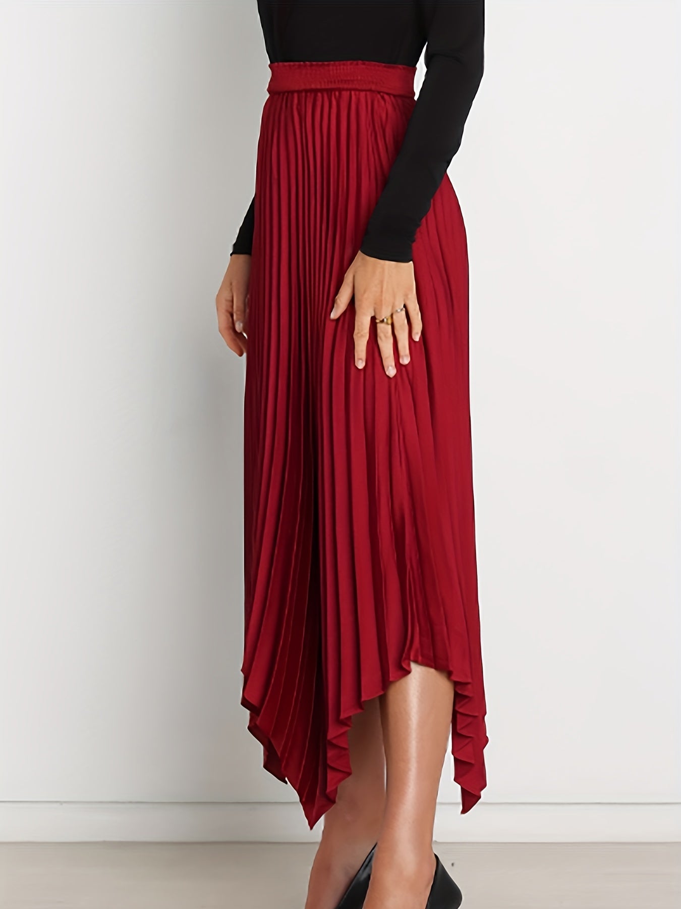 High Waist Pleated Skirt A Line Solid Asymmetrical