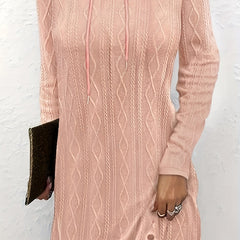 Solid Jacquard Long Sleeve Hooded Drawstring Mini Dress