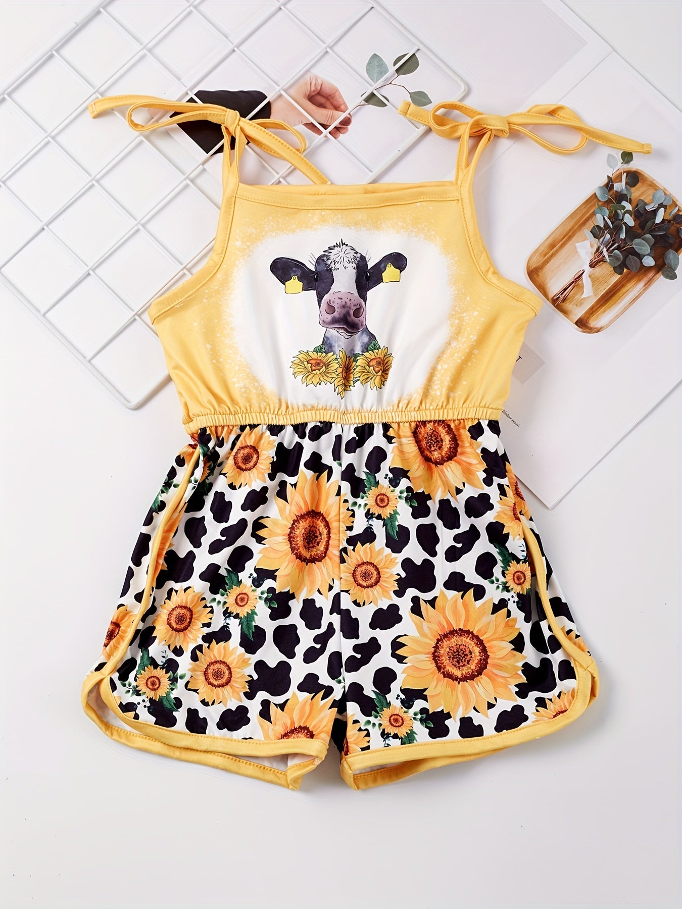 Toddler Girls Cow & Sunflower Cami Romper Beach Vacation Summer Clothes