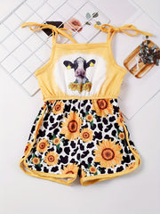 Toddler Girls Cow & Sunflower Cami Romper Beach Vacation Summer Clothes