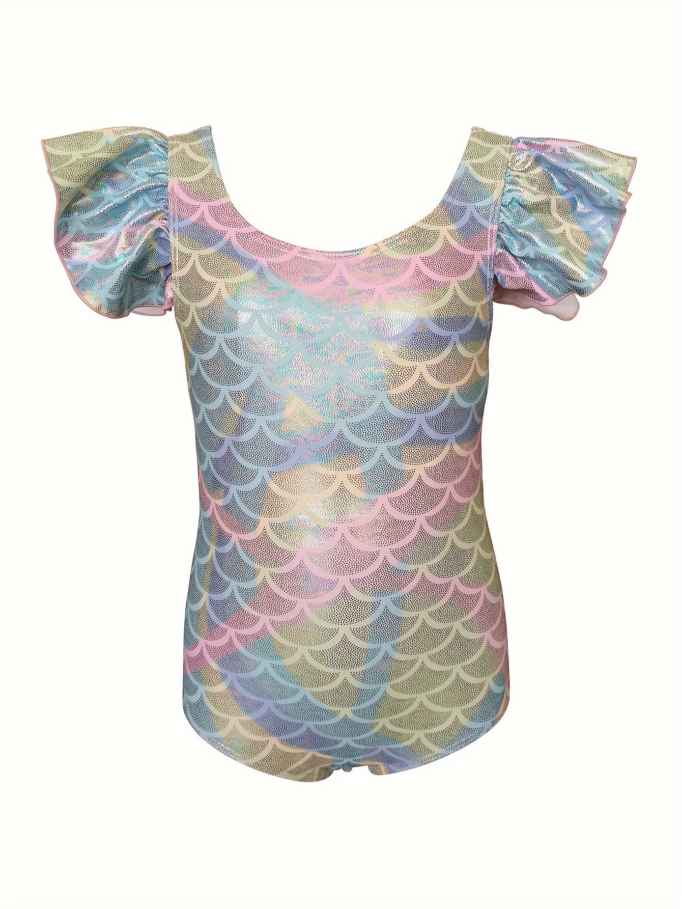 Girls Fish Scale Ruffle Trim Swimsuit for Vacation