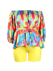 Funny Print Off Shoulder Top & Shorts Two Piece Set