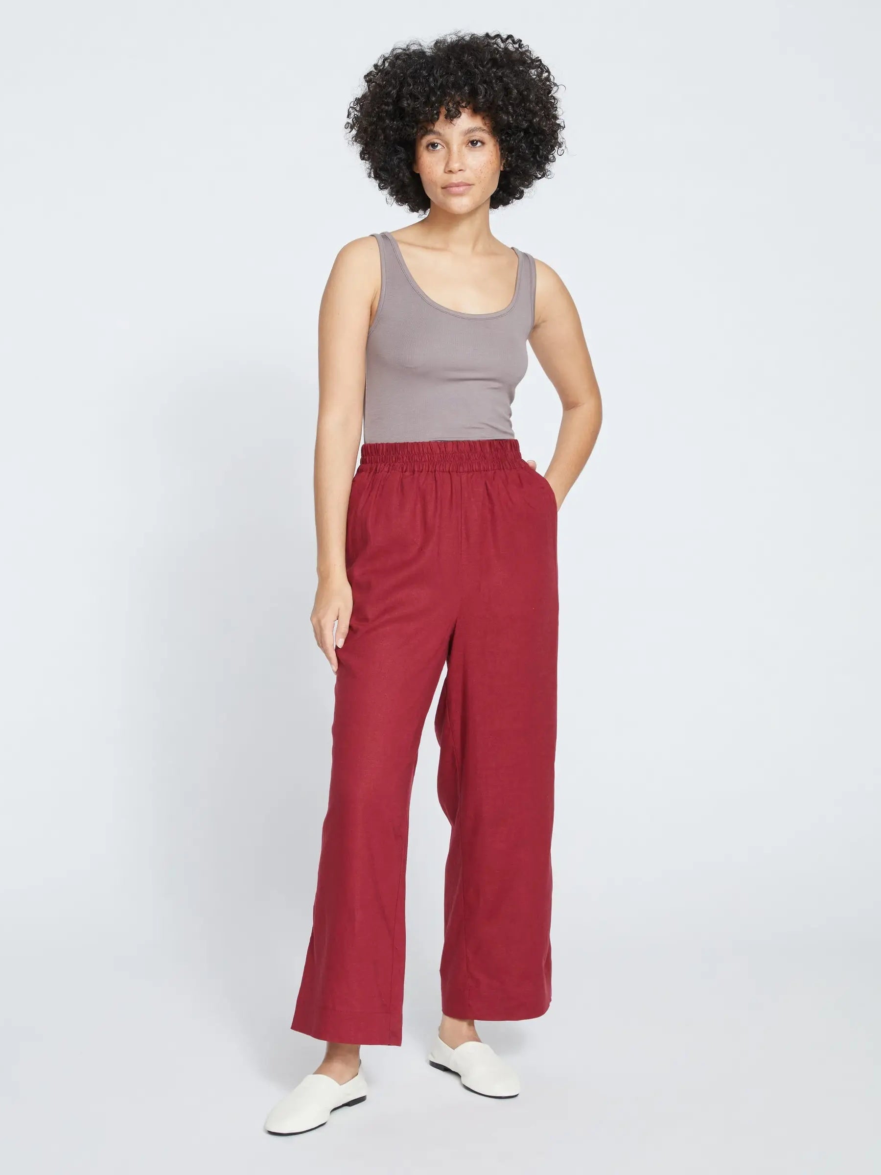 Elastic High Rise Wide Leg Trousers With Pockets