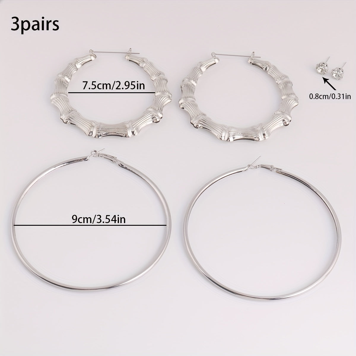 3 Pairs Punk Hoop & Rhinestone Earrings Set Hip Hop Jewelry