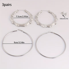 3 Pairs Punk Hoop & Rhinestone Earrings Set Hip Hop Jewelry