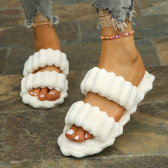 Women's Plush Double Straps Slippers Soft Open Toe Home Shoes